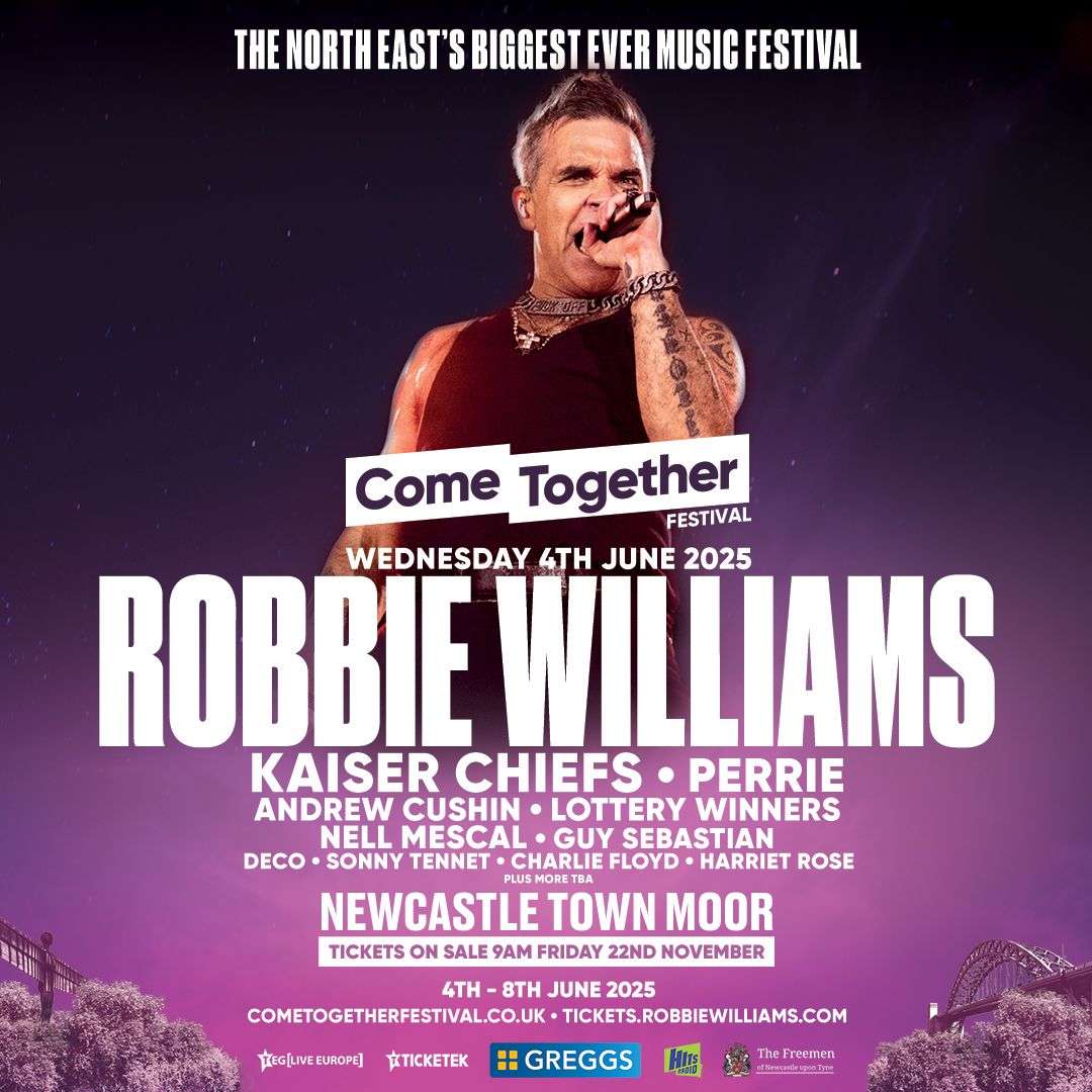 Robbie Williams confirmed as first headliner for inaugural Come Together Festival on Newcastle’s Town Moor next June in Newcastle upon Tyne